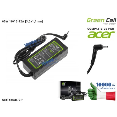 AD73P Alimentatore Green Cell PRO 65W 19V 3,42A [3,0x1,1mm] Compatibile per ACER Aspire S5-391 S3-392 S7-391 S7-191 V3-371 V3...
