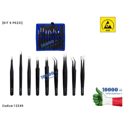 12249 Set 9 Pinzette Antistatiche ESD Anti-magnetica [ESD-10/ESD-11/ESD-12/ESD-13/ESD-14/ESD-15/ESD-16/ESD-17/ESD-34A] Scheda...