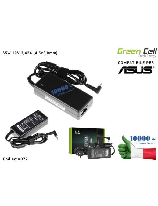 AD72 Alimentatore Green Cell 65W 19V 3,42A [4,5x3,0mm] Compatibile per ASUS AsusPro Advanced BU400 BU400A BU400V BU400VC Esse...
