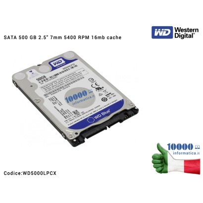 WD5000LPCX Hard Disk 2,5'' 500 GB WESTERN DIGITAL SATA 500GB 2.5" 7mm 5400 RPM 16mb cache