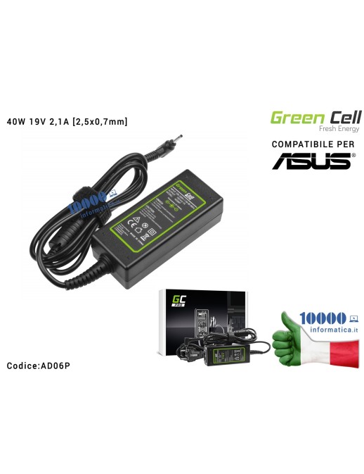 AD06P Alimentatore Green Cell PRO 40W 19V 2,1A [2,5x0,7mm] Compatibile per ASUS Eee PC 1001PX 1001PXD 1005HA 1201HA 1201N 121...
