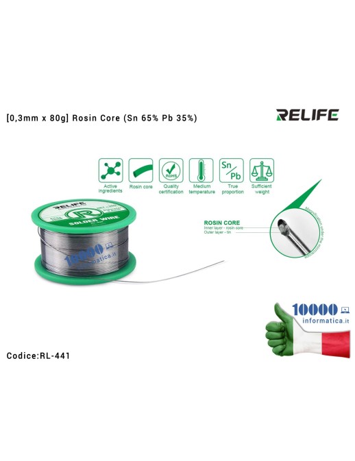 RL-441-03 Stagno RELIFE RL-441 [0,3mm x 35g] Rosin Core (Sn 65% Pb 35%) Filo Contenente Colofonia Bobina per Saldature Rotolo...