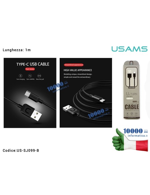 US-SJ099-B Cavo USB Tipo C USAMS SJ099 [NERO] (1m) U-Turn Durable TPE Universal Type-C USB-C Data & Fast 2A Charger Cable