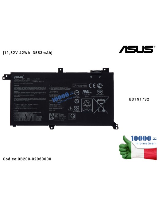 0B200-02960000 Batteria B31N1732 ASUS RX571GT RX571G VivoBook X430U X430UA X430UF X430UN [11,52V 42Wh 3553mAh]