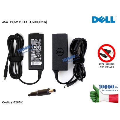 0285K Alimentatore DELL 45W 19,5V 2,31A [4,5x3,0mm] XPS 13 (9360) Vostro 5370 7580 Latitude E6540 E6440 E7250 E5420 00285K KX...