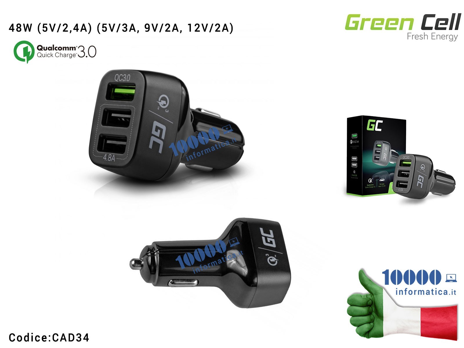 CAD34 Alimentatore Green Cell per Auto 3 porte USB 48W (5V/2,4A) (5V/3A, 9V/2A, 12V/2A) Carica Batteria Universale per Macchi... CAD34 Alimentatore Green Cell per Auto 3 porte USB 48W (5V/2,4A) (5V/3A, 9V/2A, 12V/2A) Carica Batteria Universale per Macchi...