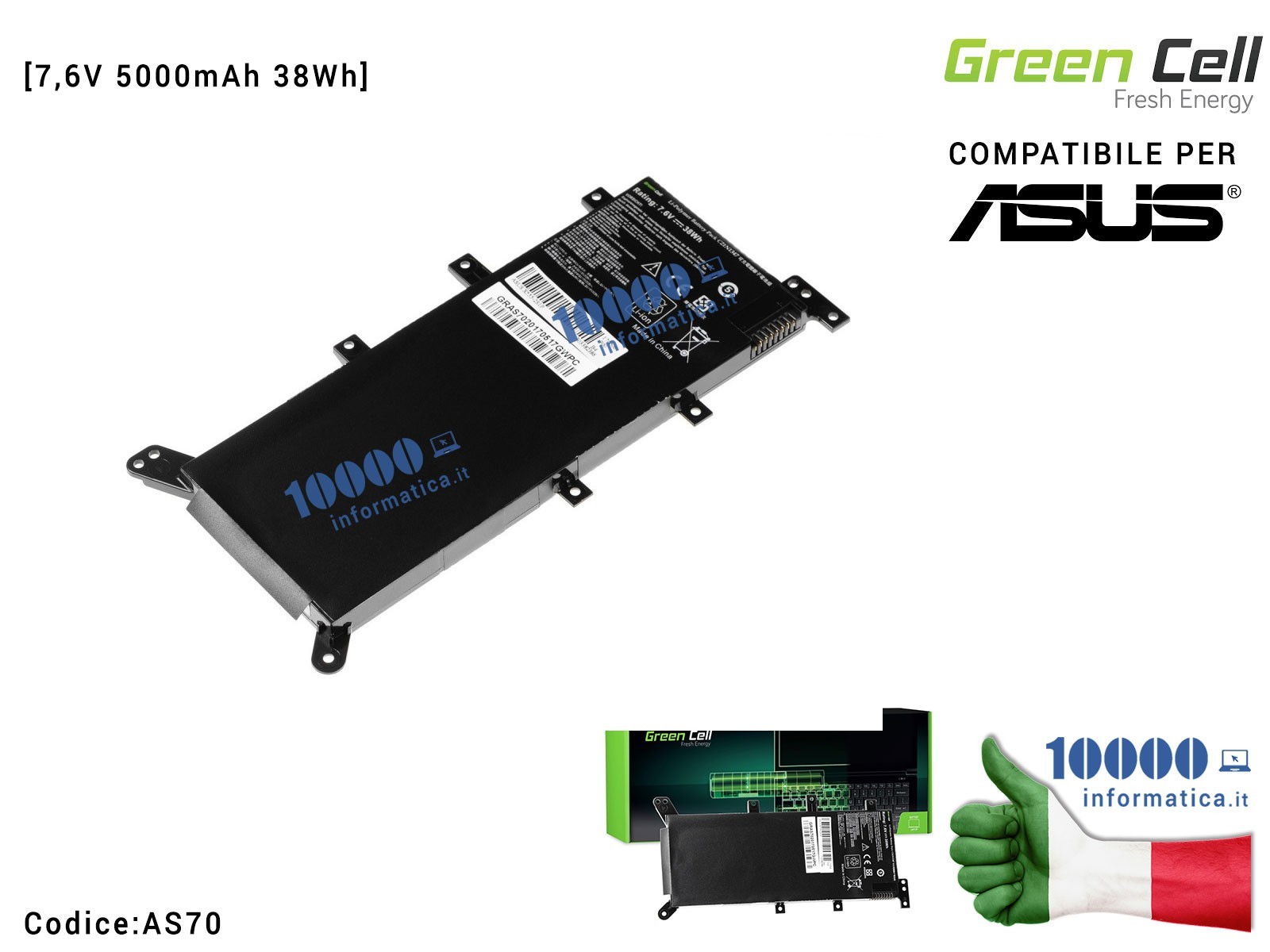 AS70 Batteria C21N1347 Green Cell Compatibile per ASUS A555L F555 F555L F555LD K555L K555LD R556 R556L R556LD R556LJ X555 X55... AS70 Batteria C21N1347 Green Cell Compatibile per ASUS A555L F555 F555L F555LD K555L K555LD R556 R556L R556LD R556LJ X555 X55...