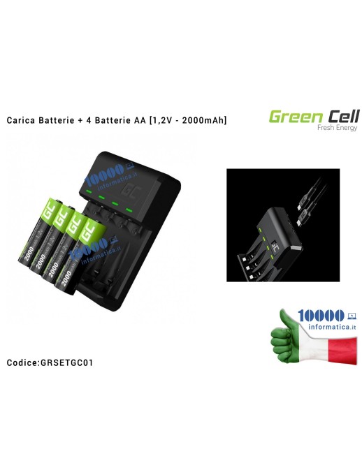 GRSETGC01 Carica Batterie Universale AA/AAA (MicroUSB e USB-C) GC VitalCharger + 4 Batterie Stilo AA Ricaricabili Green Cell ...