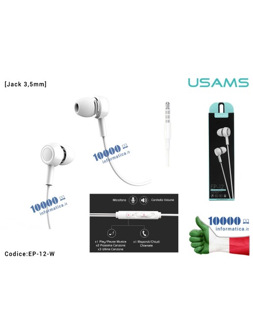 EP-12-W Cuffie Auricolari Impermeabili USAMS EP-12 Jack Audio 3,5mm [BIANCO] con Microfono e Controllo Line-in Rivestimento i...