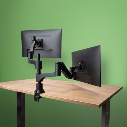 RGOVLCA4TWSI R-Go Tools R-Go Caparo 4 D2, Circular Dual Monitor Arm, Desk Mount, Gas Spring, 3-9kg, Black-Silver, Low Carbon Foo