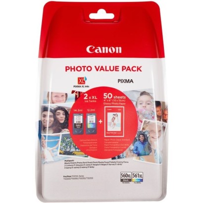 3712C004 Canon Pg-560Xl Black And Cl-561Xl Colour Ink Cartridge + Photo Paper Value Pack